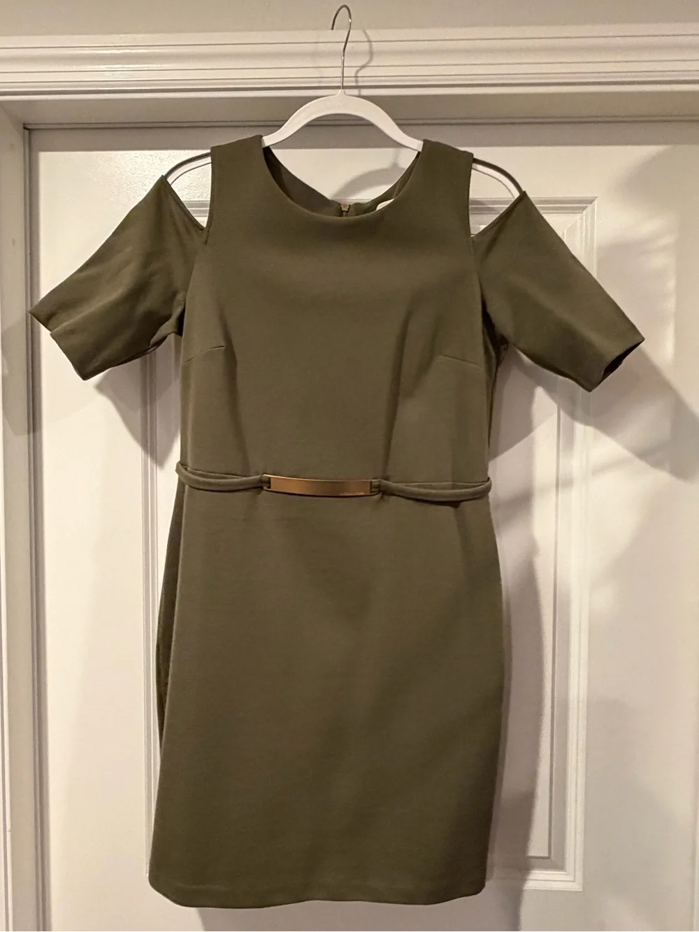 Michael Kors Olive Green Cold-Shoulder Belted Mini Dress